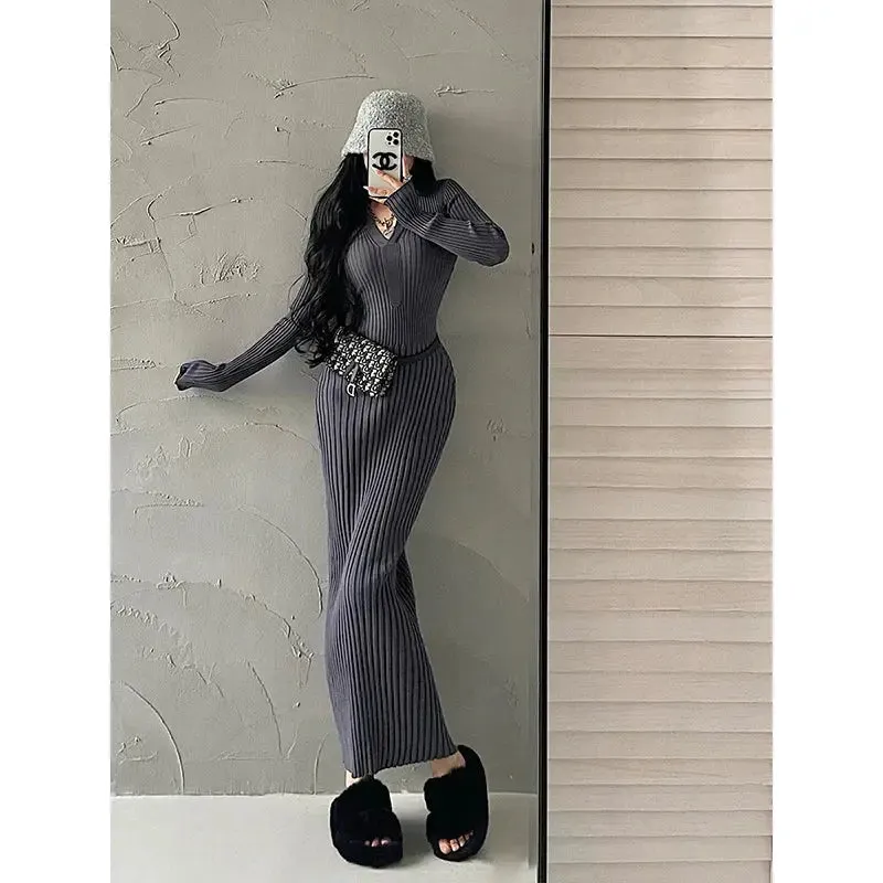 V-neck Slim Long Sleeve Knitted Sweater Dress