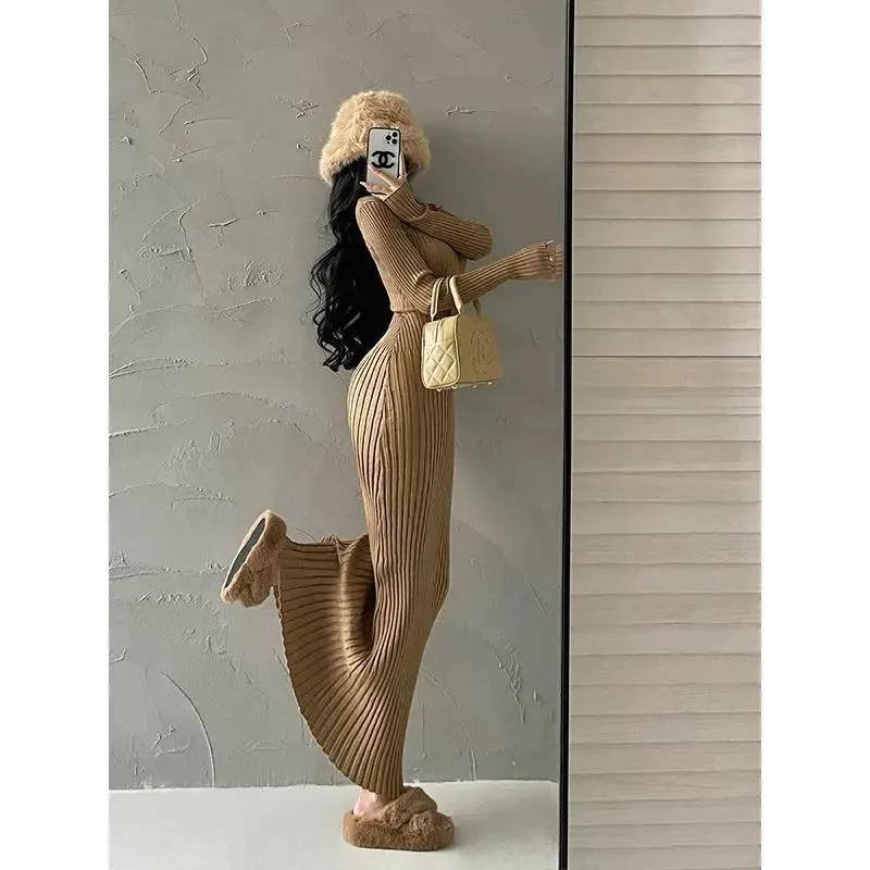 V-neck Slim Long Sleeve Knitted Sweater Dress