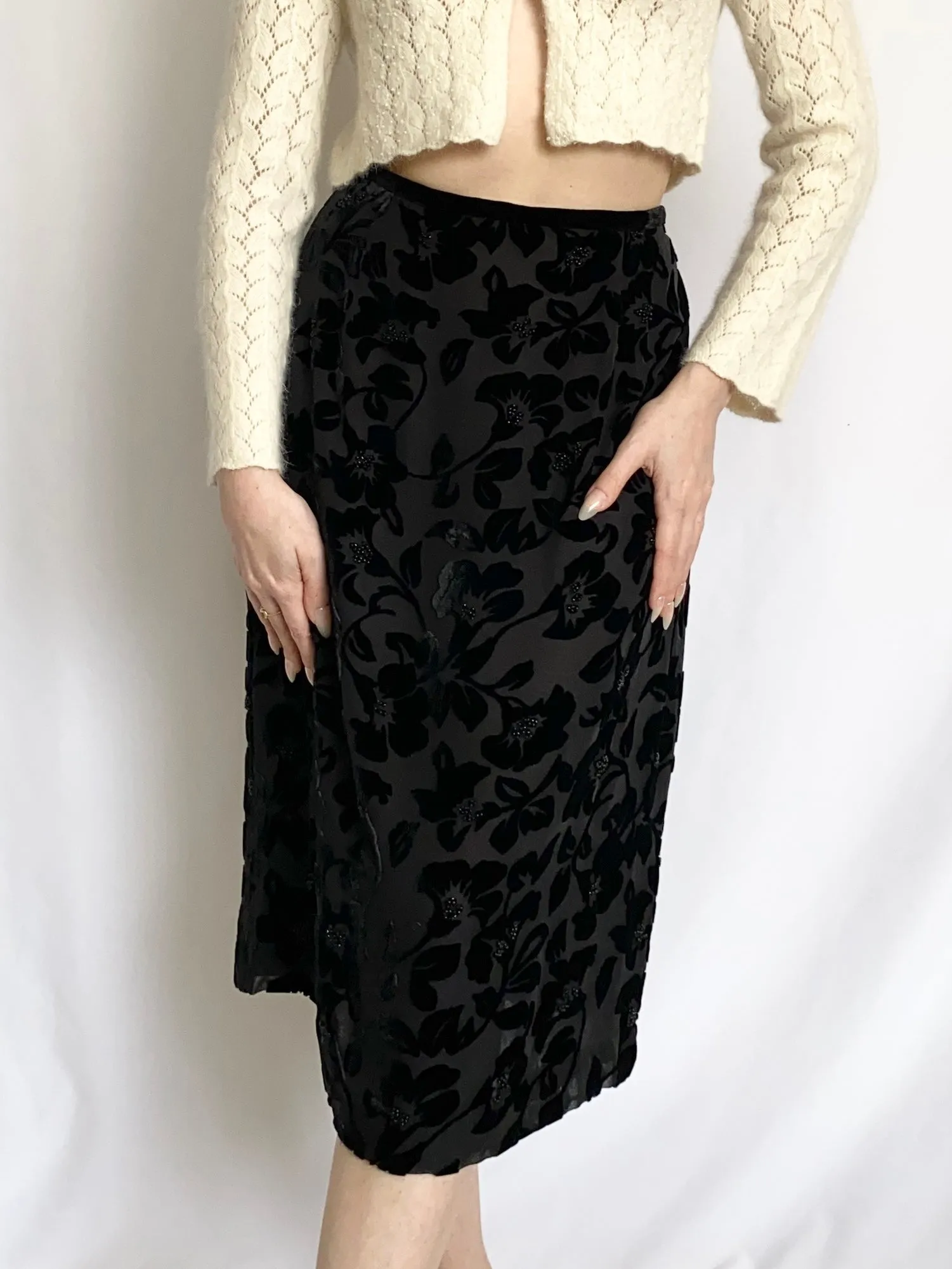 Vintage 1990s Black Silk Velvet Rose Midi Skirt (6)
