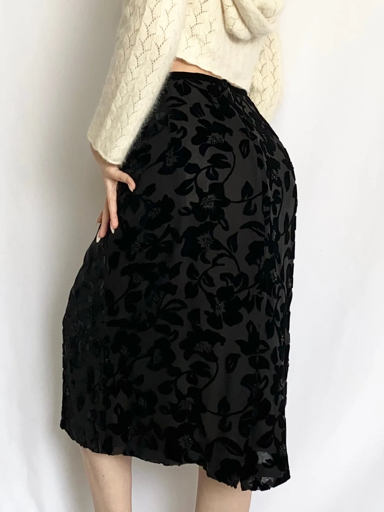 Vintage 1990s Black Silk Velvet Rose Midi Skirt (6)