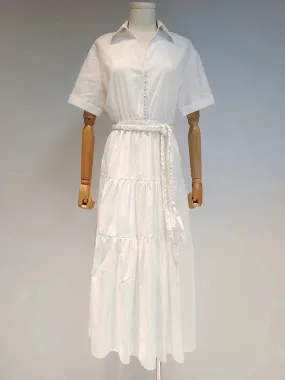 Vintage Lace Up Dress For Women V Neck Short Sleeve High Waist Solid Minimalist Midi Dresses Female Korean Fashion Clothing