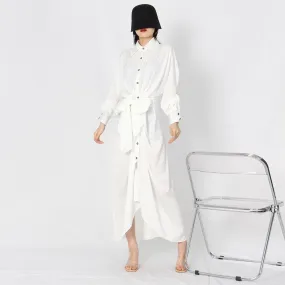 Vintage White Dress For Women Lapel Long Sleeve High Waist Solid Minimalist Elegant Dresses Female Clothing Style