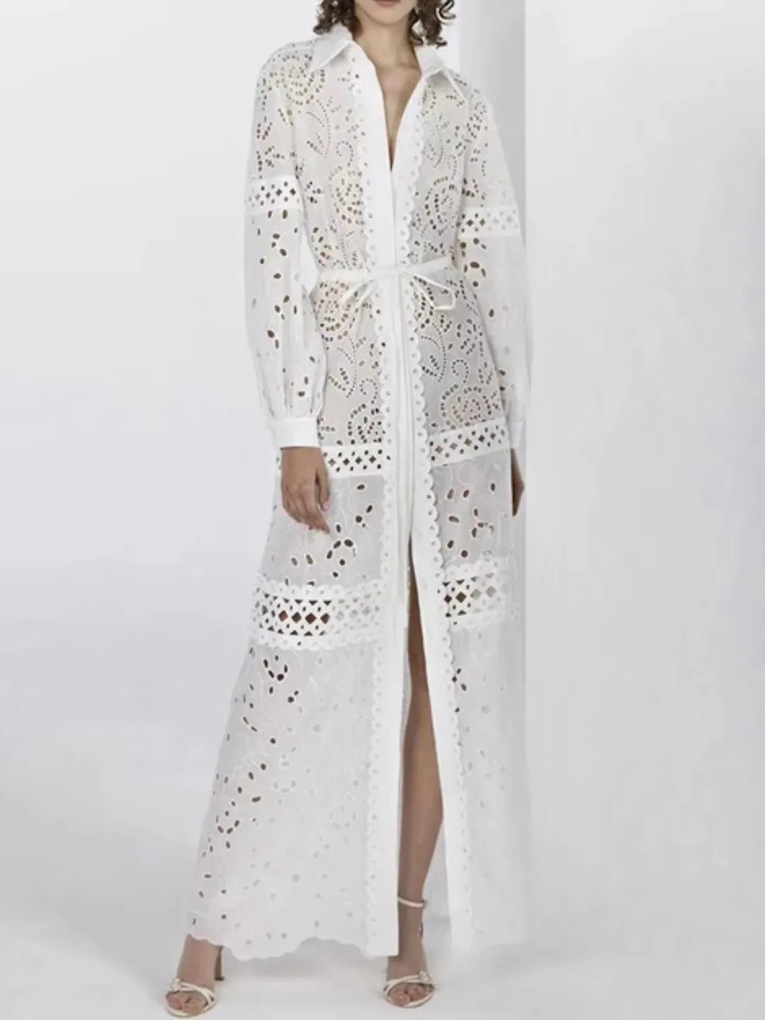 White open front lace maxi dress