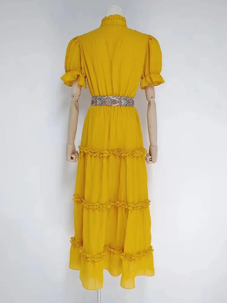 White Sweet Dress For Women Stand Collar Short Sleeve High Waist Sashes Solid Minimalist Midi Dresses Female Summer