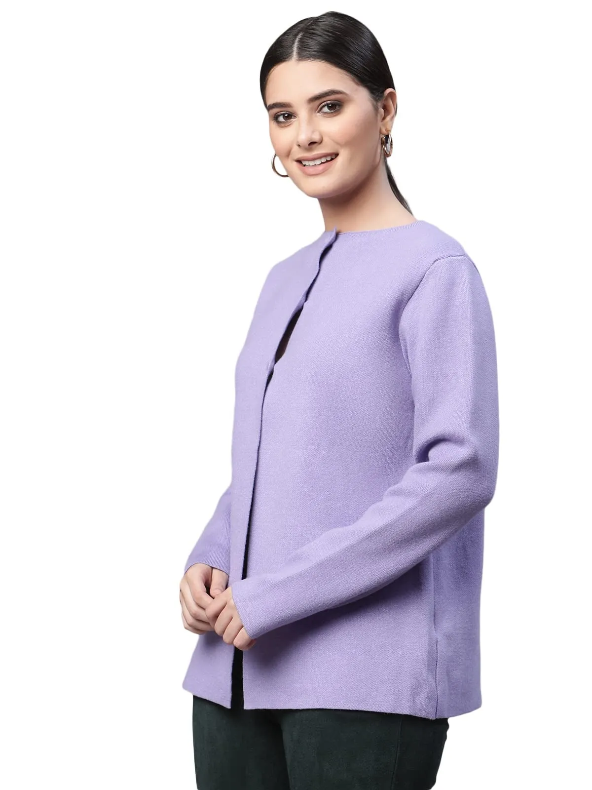 Women Crew Neck Straight Fit Lavender Solid Boxy Fit Knitted Cardigan