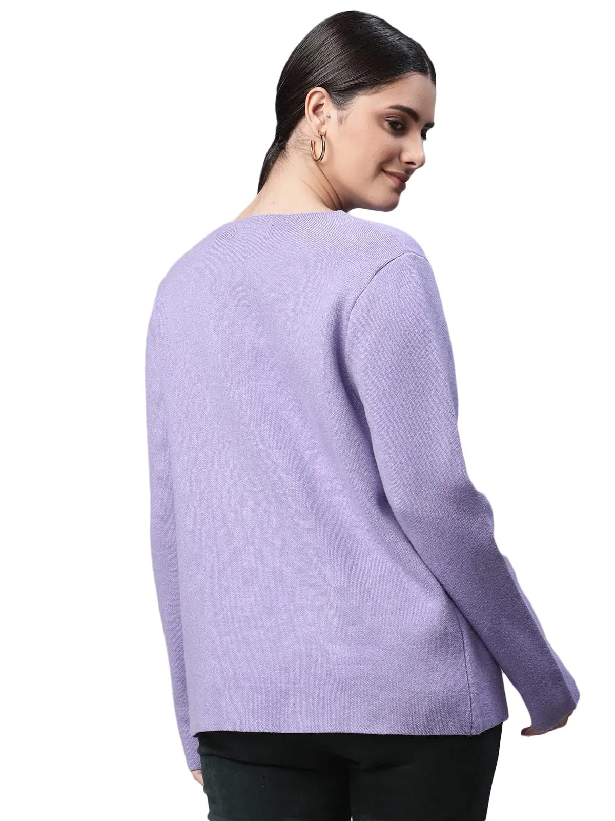 Women Crew Neck Straight Fit Lavender Solid Boxy Fit Knitted Cardigan