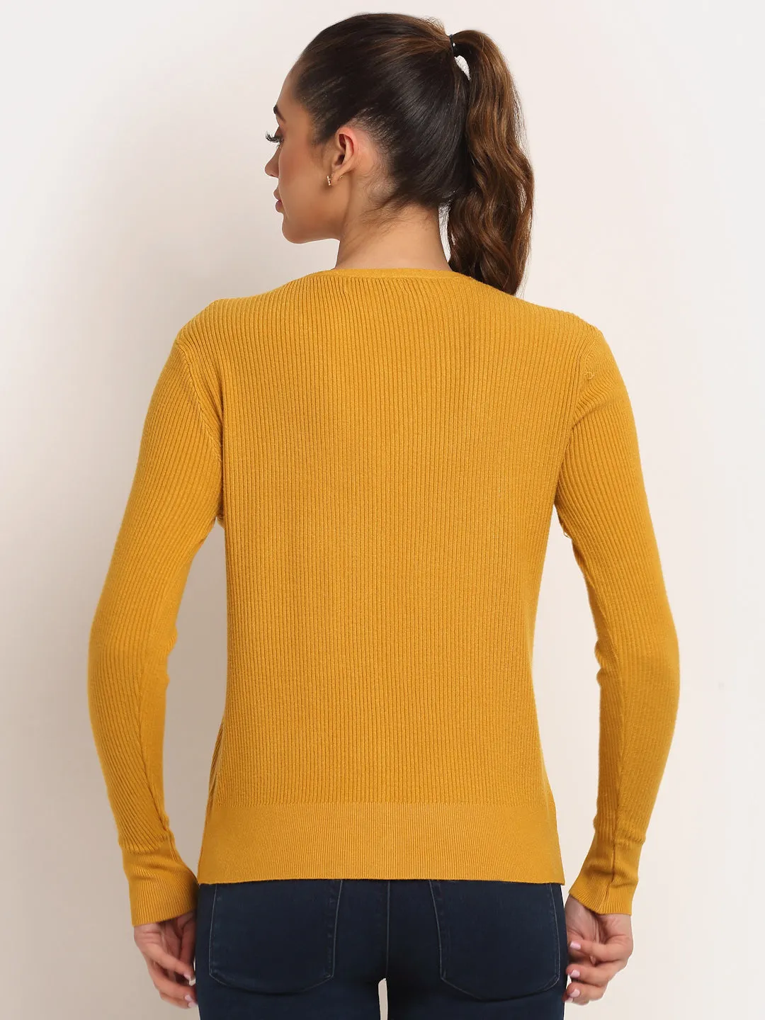 Women Mustard Knitted V-Neck Regular Fit Cardigan
