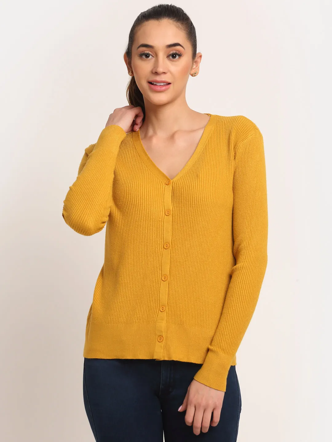 Women Mustard Knitted V-Neck Regular Fit Cardigan
