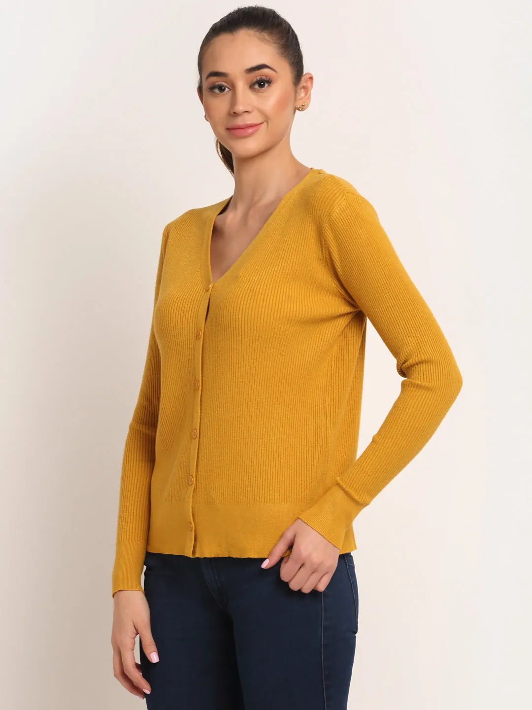 Women Mustard Knitted V-Neck Regular Fit Cardigan