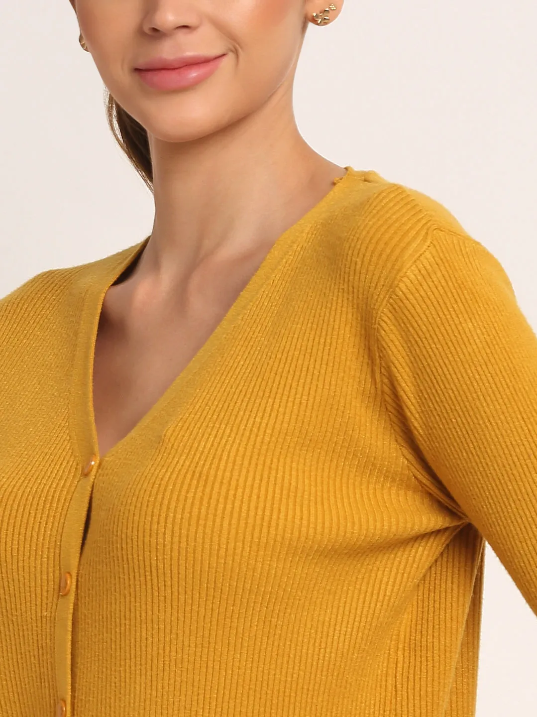 Women Mustard Knitted V-Neck Regular Fit Cardigan
